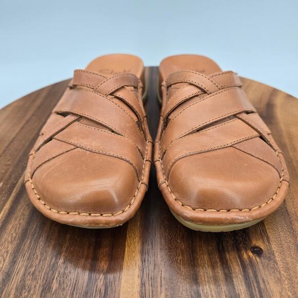 Clarks Shoes Women's 7 M Light Brown Leather Slip On Casual Comfort Mules Clogs - Picture 3 of 7